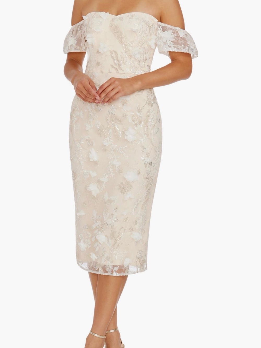 Dress the Population Off-Shoulder Floral Lace Midi Dress in Ivory-Blush